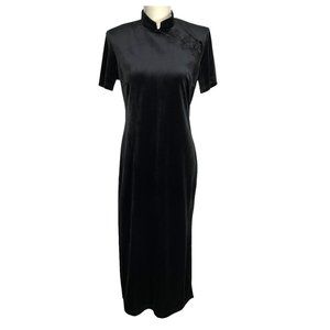 Vintage 90s Black Velvet Short Sleeve Cheongsam Dress Size 8